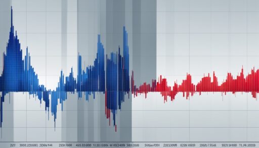 A graph of rising and falling stock prices in shades of blue and red against a white background. The graph should have a sharp upward trend towards the end, representing the predicted strong growth of the Italian stock market in 2024.