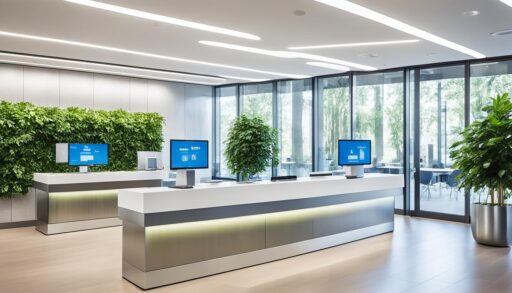 Show a modern Italian banking facility with sleek, metallic surfaces and state-of-the-art technology. The interior should have an open and welcoming atmosphere with natural light streaming through large windows. Emphasize the bank's cutting-edge security measures, like biometric scanners and surveillance cameras. Surround the bank with lush greenery to show its integration with the surrounding environment.