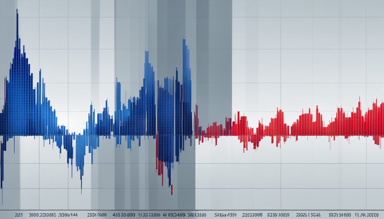 A graph of rising and falling stock prices in shades of blue and red against a white background. The graph should have a sharp upward trend towards the end, representing the predicted strong growth of the Italian stock market in 2024.